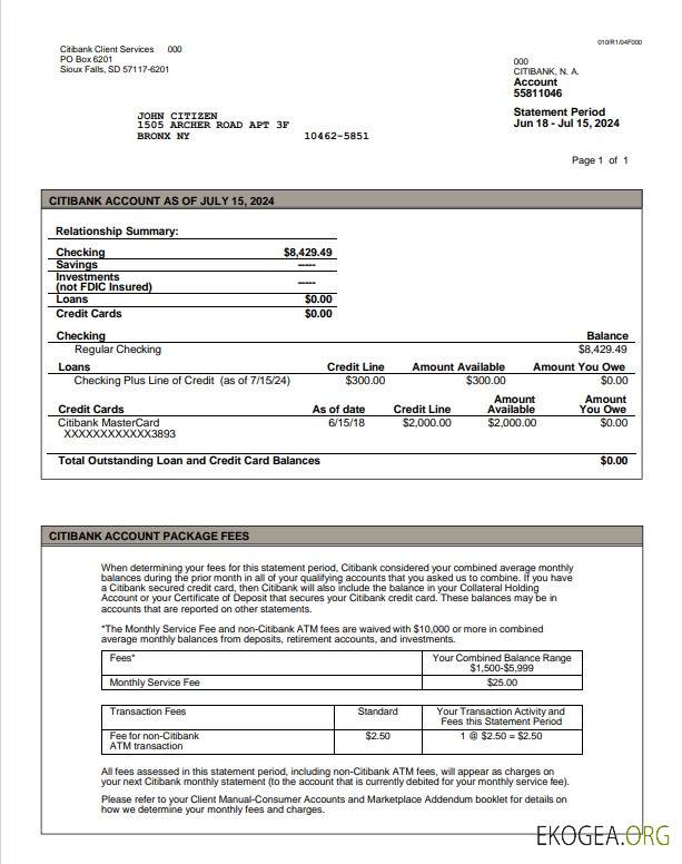 Exemple de relevé Word et PDF de la Citibank aux États Unis, version 3
